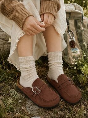 Women’s Brown Faux Suede Buckle Mule Clogs Cork Footbed Slip On Shoes 10.5-11